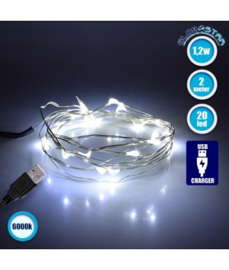 GLOBOSTAR® STRINGLIGHT 79730 Γιρλάντα 2m 20 LED 1.2W 96lm 360° DC 5V με USB 2.0 IP20 Ψυχρό Λευκό 6000Κ Dimmable - Ασημί - Μ200 x Π0.6 x Υ0.6cm - 1 Χρόνο Εγγύηση